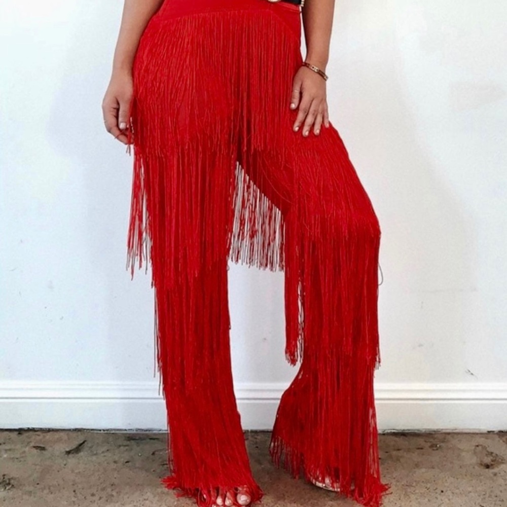 MESHKI Red fringe pants